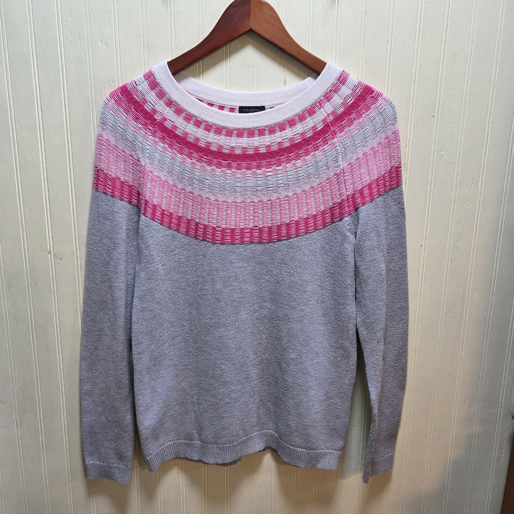 Talbots Sweater Womens XS Gray Pink Striped Crew Neck Long Sleeve Knit Pullover - Picture 2 of 8